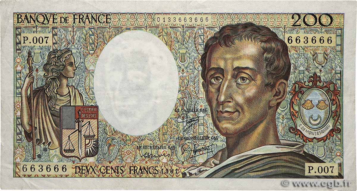200 Francs MONTESQUIEU FRANCE  1981 F.70.01 TB