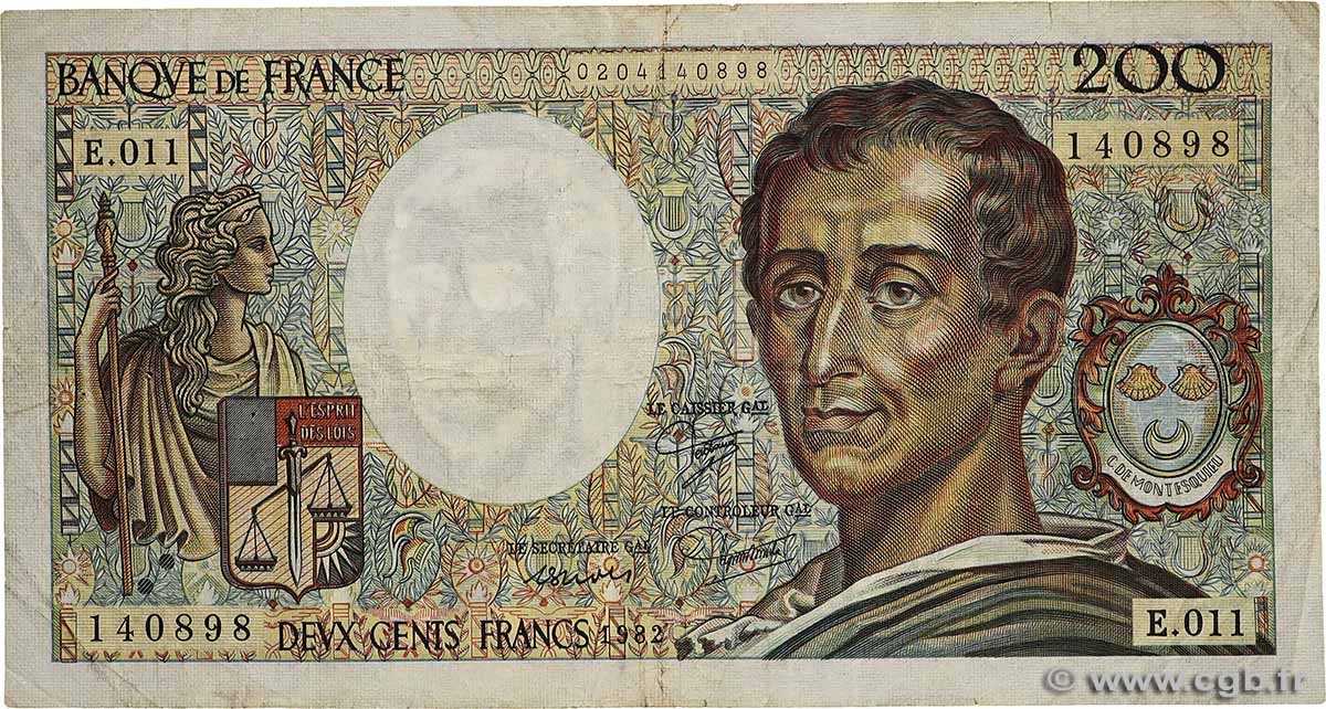 200 Francs MONTESQUIEU FRANCE  1982 F.70.02 B+