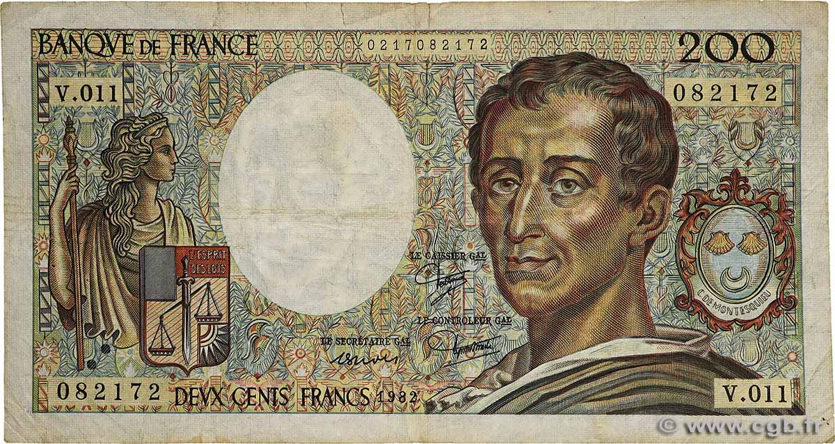 200 Francs MONTESQUIEU FRANCE  1982 F.70.02 B+