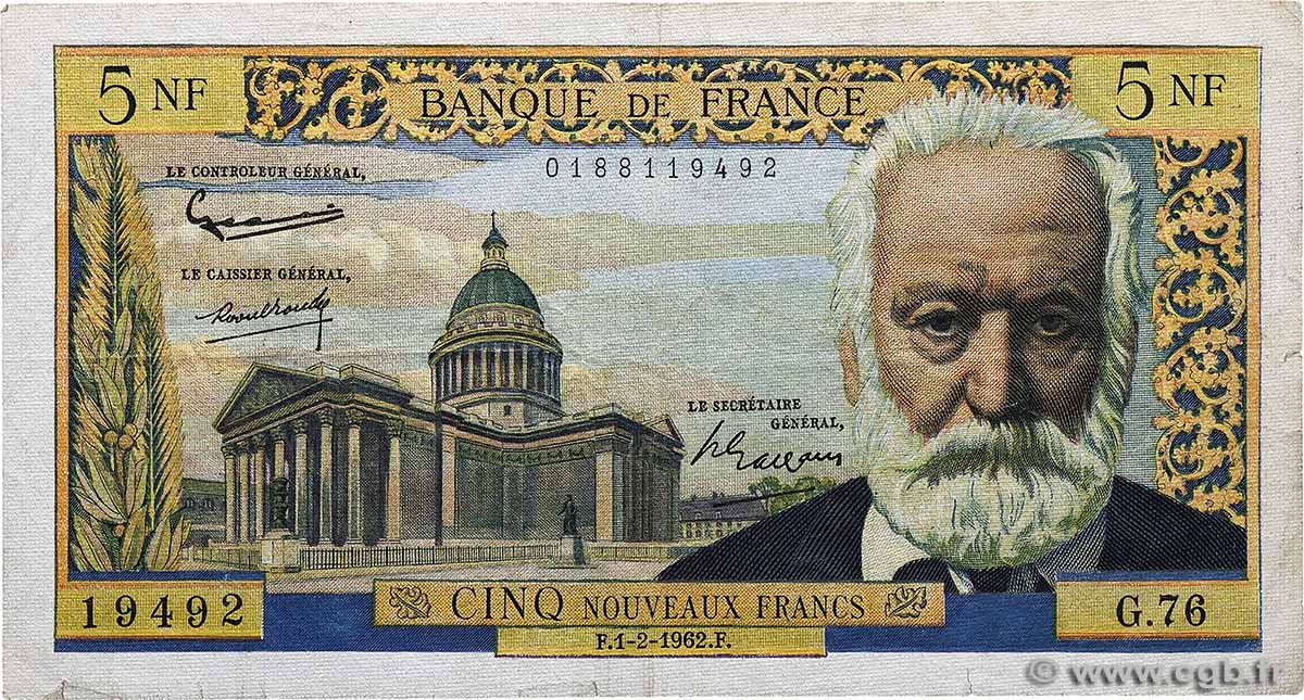 5 Nouveaux Francs VICTOR HUGO FRANCE  1962 F.56.10 TB