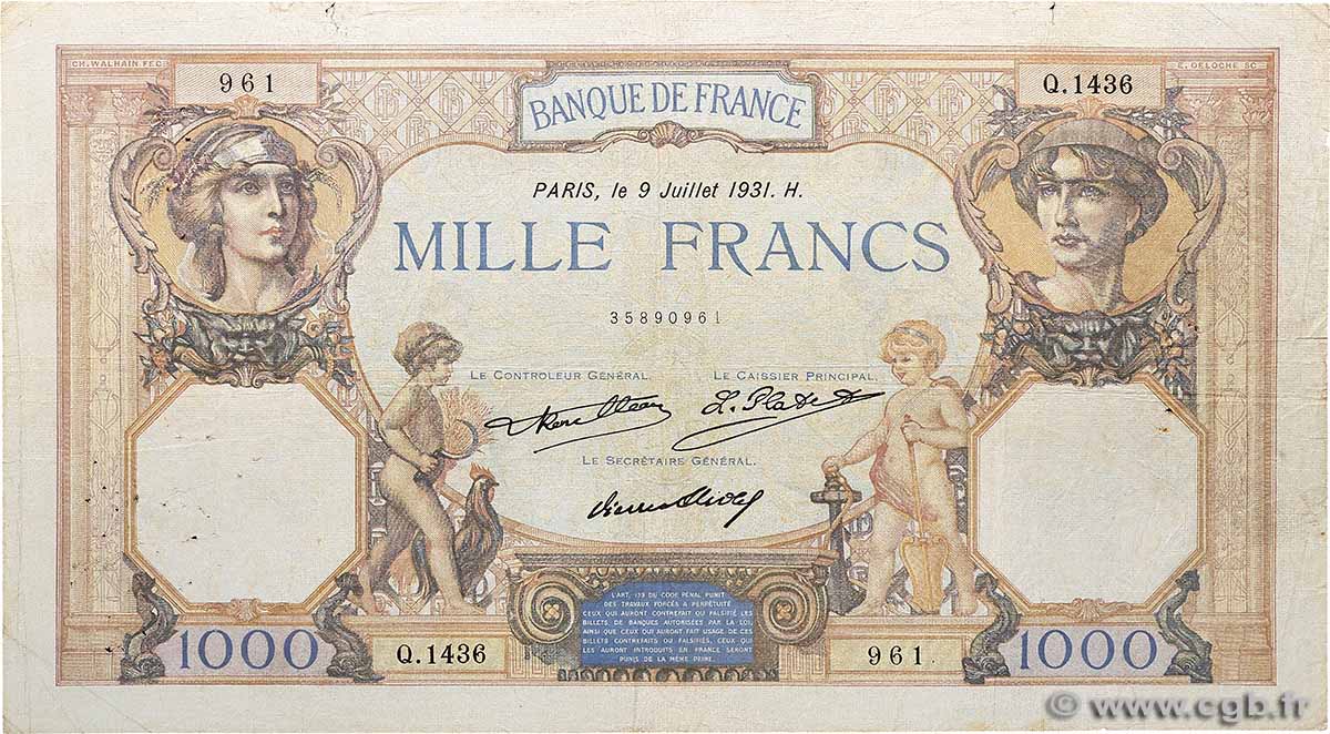 1000 Francs CÉRÈS ET MERCURE FRANCE  1931 F.37.06 TB