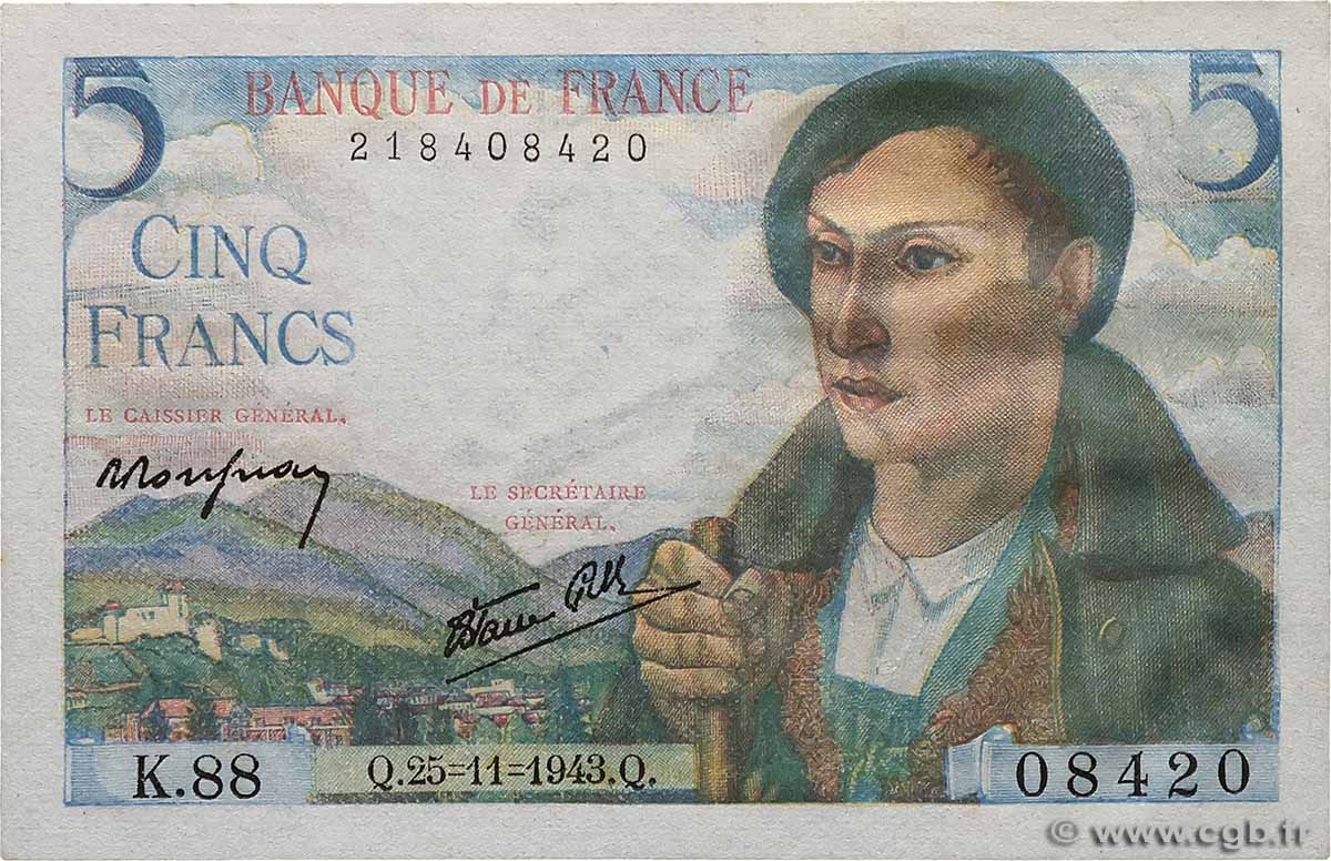 5 Francs BERGER FRANCE  1943 F.05.04 pr.NEUF