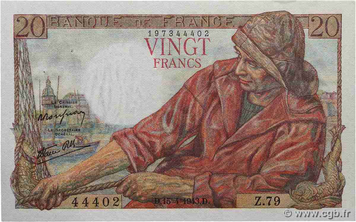20 Francs PÊCHEUR FRANCE  1943 F.13.06 SPL