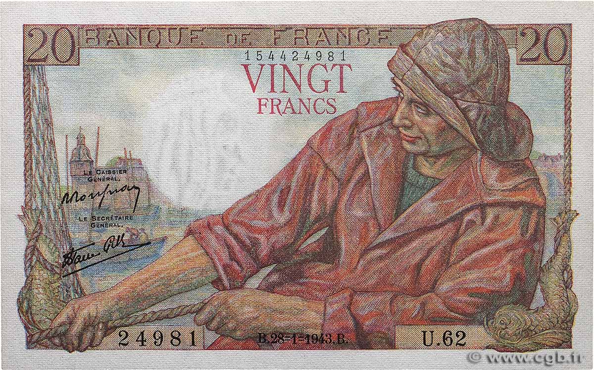 20 Francs PÊCHEUR FRANCE  1943 F.13.05 SPL