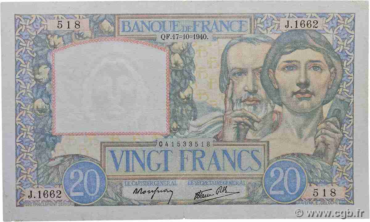 20 Francs TRAVAIL ET SCIENCE FRANCE  1940 F.12.09 TB