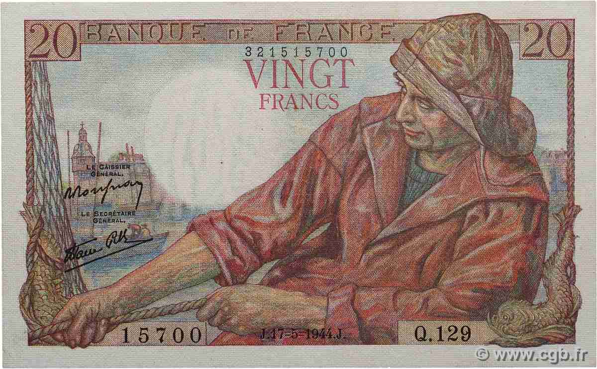 20 Francs PÊCHEUR FRANCE  1944 F.13.09 pr.SPL
