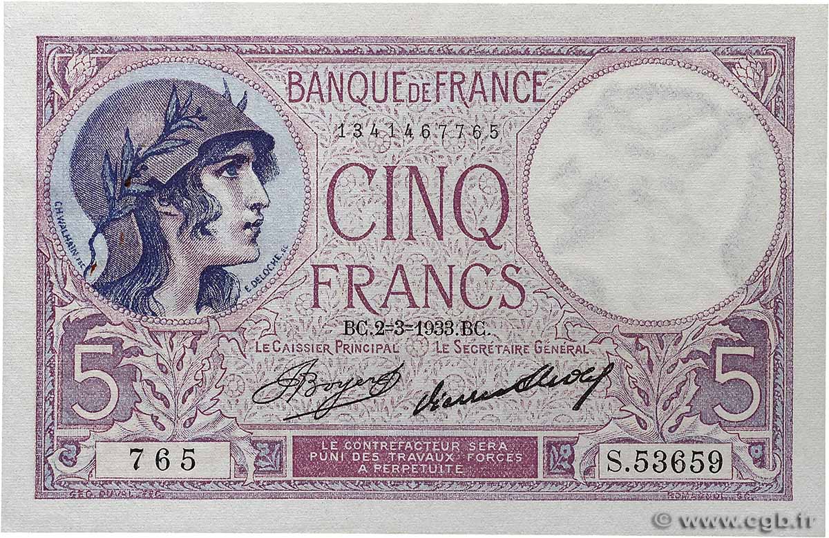 5 Francs FEMME CASQUÉE FRANCE  1933 F.03.17 SPL