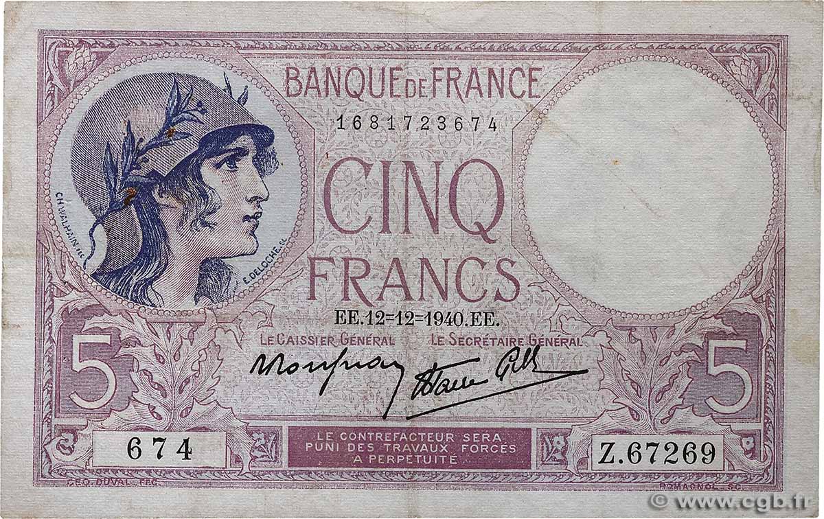 5 Francs FEMME CASQUÉE modifié FRANCE  1940 F.04.17 TB+