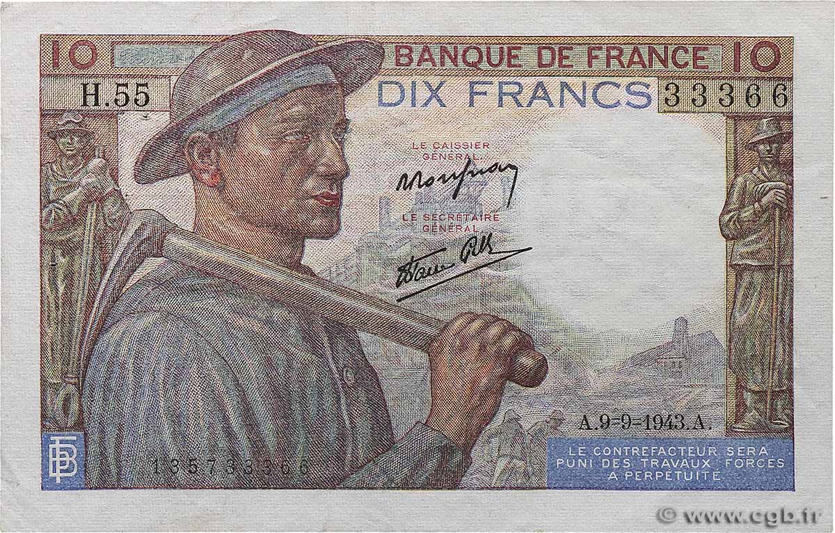 10 Francs MINEUR FRANCE  1943 F.08.09 TTB