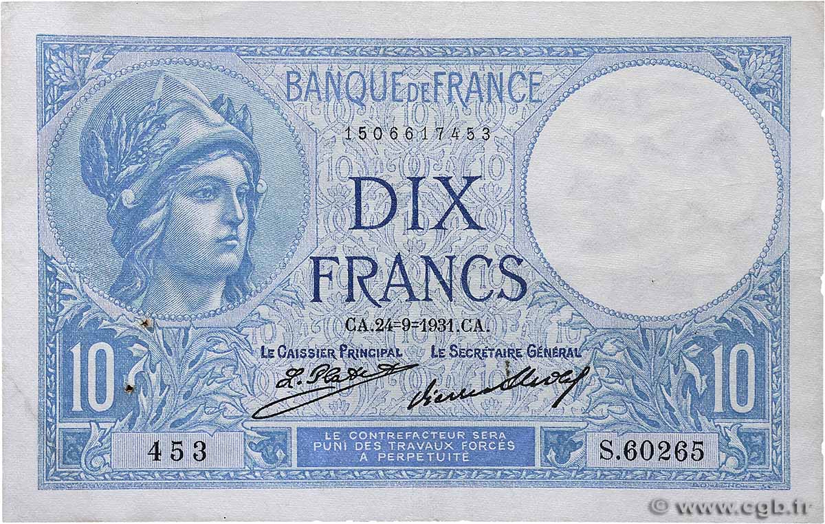 10 Francs MINERVE FRANCE  1931 F.06.15 pr.TTB