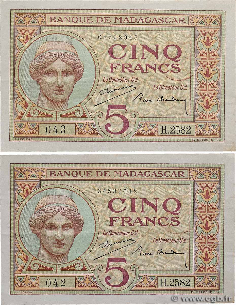 5 Francs Consécutifs MADAGASCAR  1937 P.035 SUP