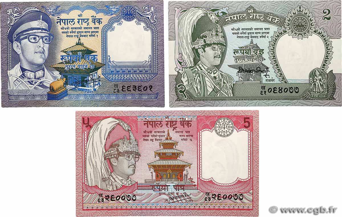 1, 2 et 5 Rupees Lot NÉPAL  1974 P.22, P.23a et P.29d SPL