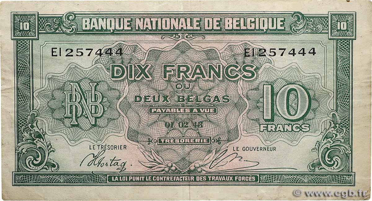 10 Francs - 2 Belgas BELGIQUE  1943 P.122 TB