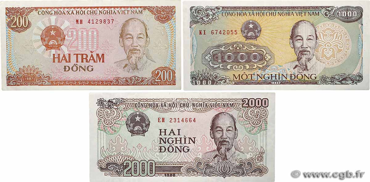 200, 1000 et 2000 Dong Lot VIET NAM  1987 P.100c, P.106a et P.107a XF