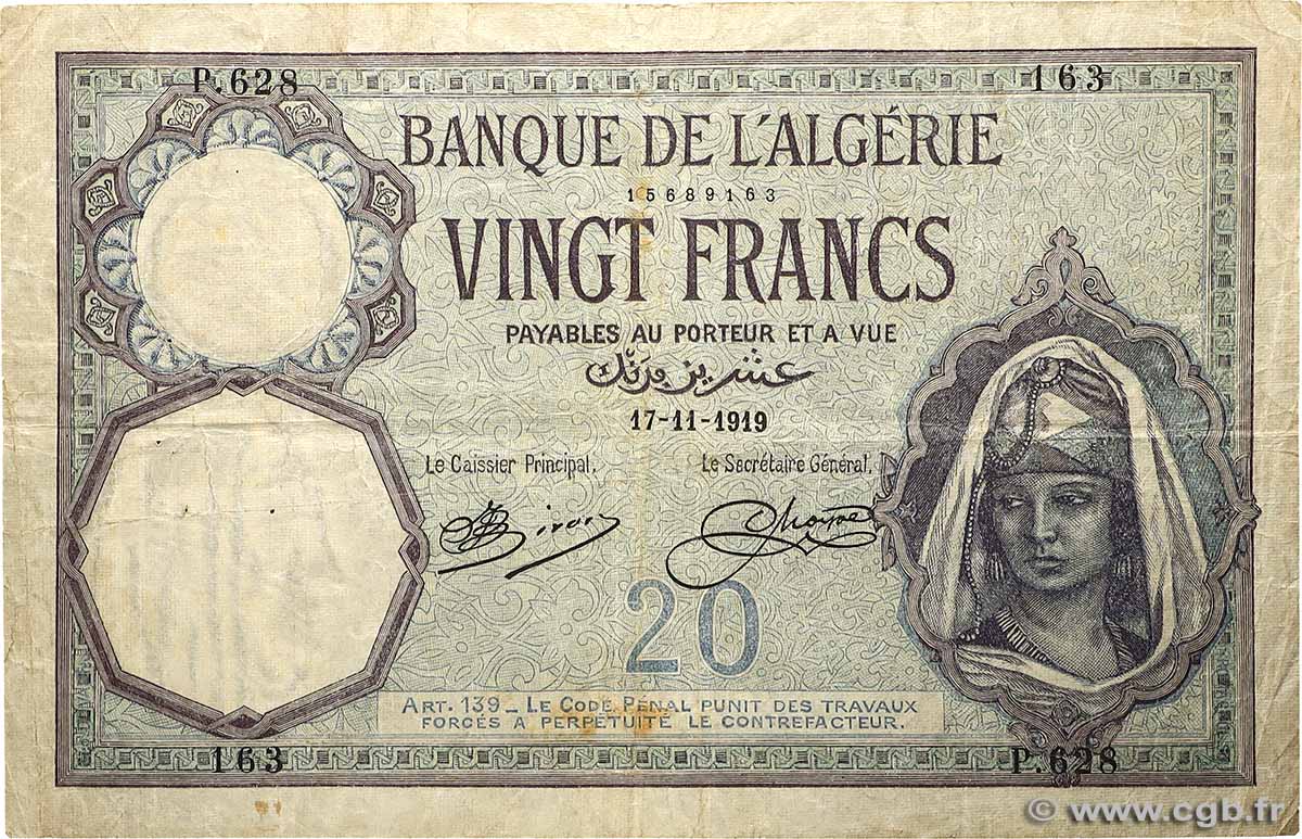 20 Francs ALGERIEN  1919 P.078a fS