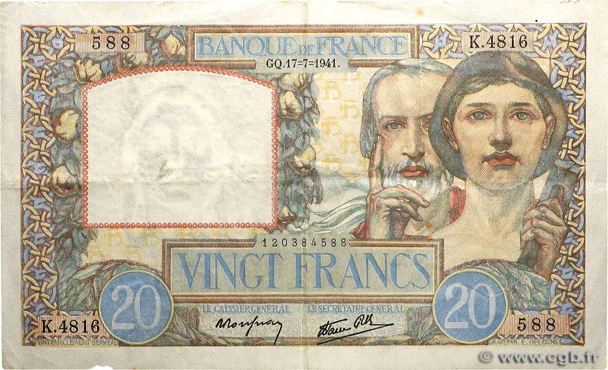 20 Francs TRAVAIL ET SCIENCE FRANCE  1941 F.12.16 pr.TTB