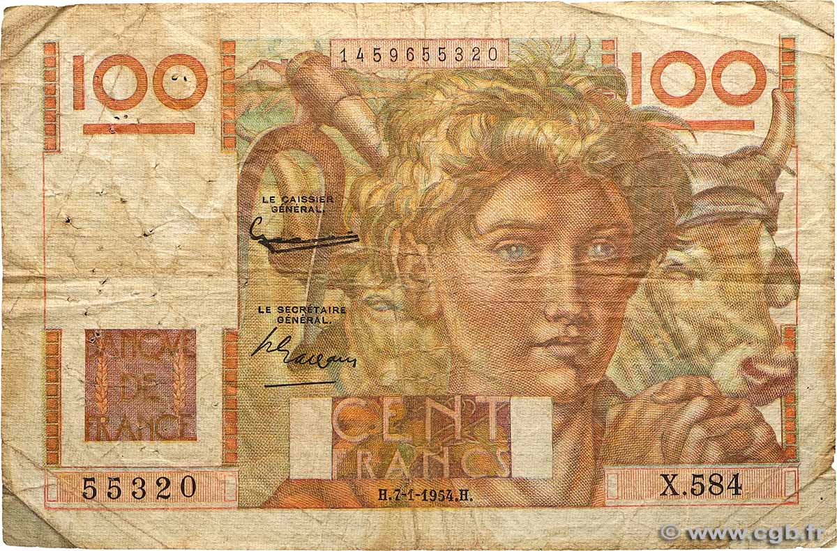 100 Francs JEUNE PAYSAN FRANCE  1954 F.28.41 B