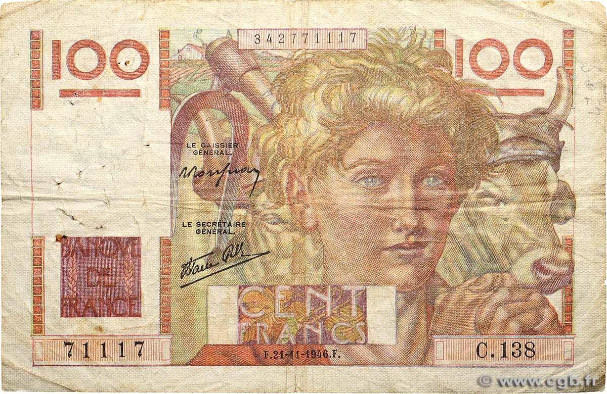 100 Francs JEUNE PAYSAN Numéro radar FRANKREICH  1946 F.28.11 SGE