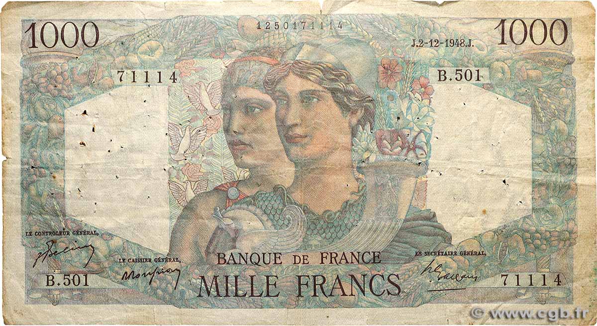 1000 Francs MINERVE ET HERCULE FRANCE  1948 F.41.24 VG