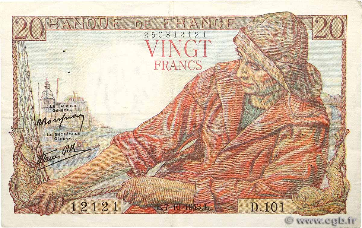 20 Francs PÊCHEUR Numéro radar FRANCE  1943 F.13.07 VF+