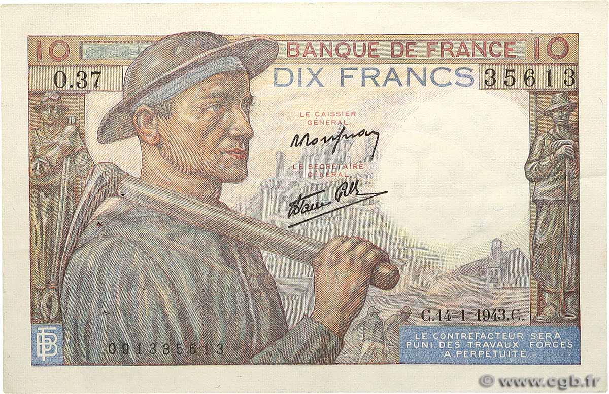 10 Francs MINEUR FRANCE  1943 F.08.07 VF+