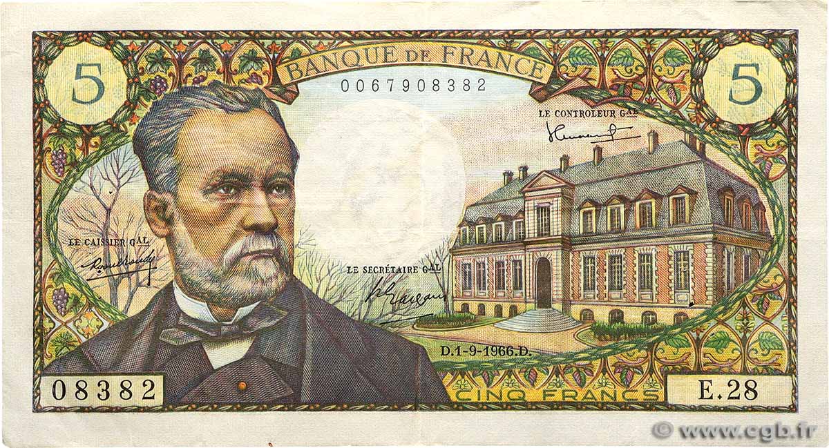 5 Francs PASTEUR FRANCE  1966 F.61.03 VF