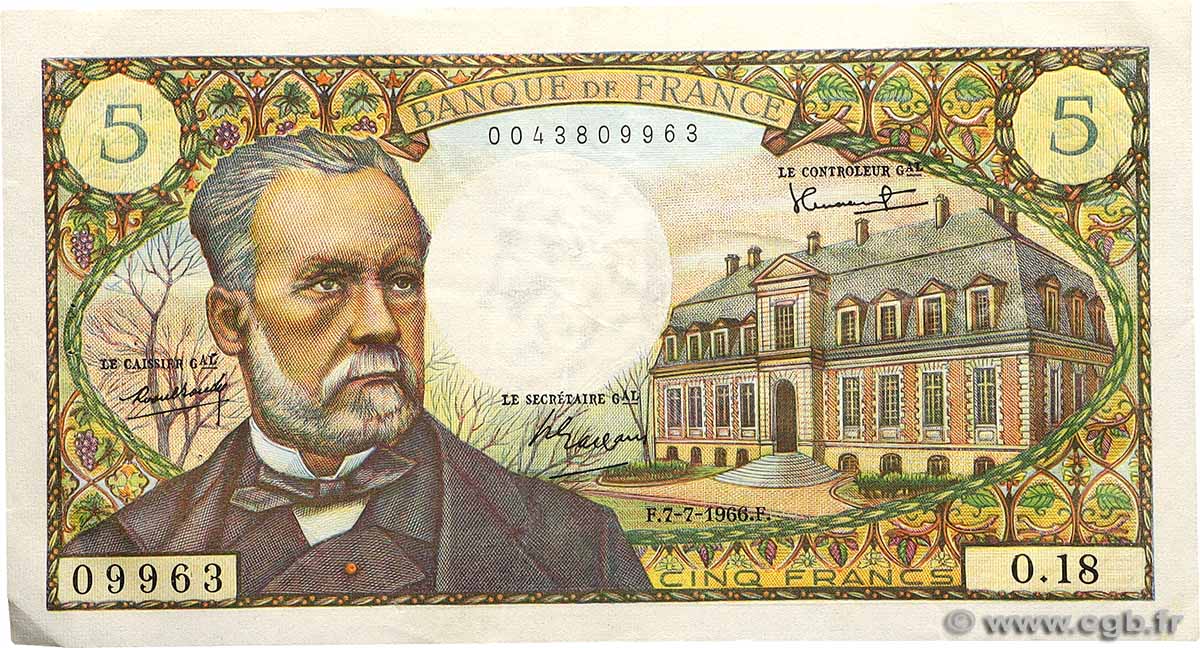 5 Francs PASTEUR FRANCE  1966 F.61.02 VF
