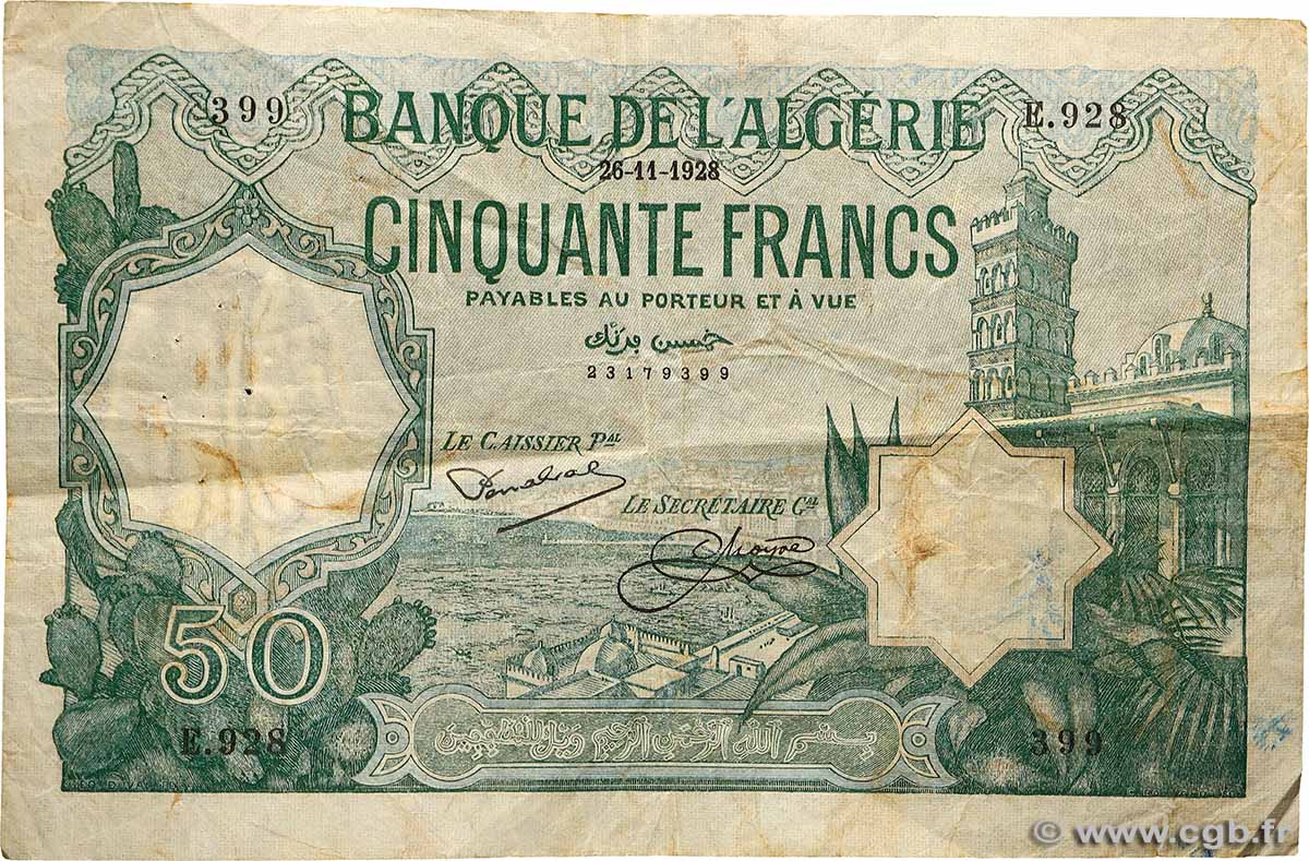 50 Francs ALGERIA  1928 P.080a F-