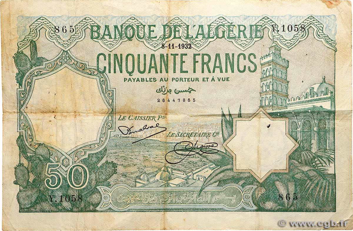 50 Francs ALGÉRIE  1932 P.080a TB