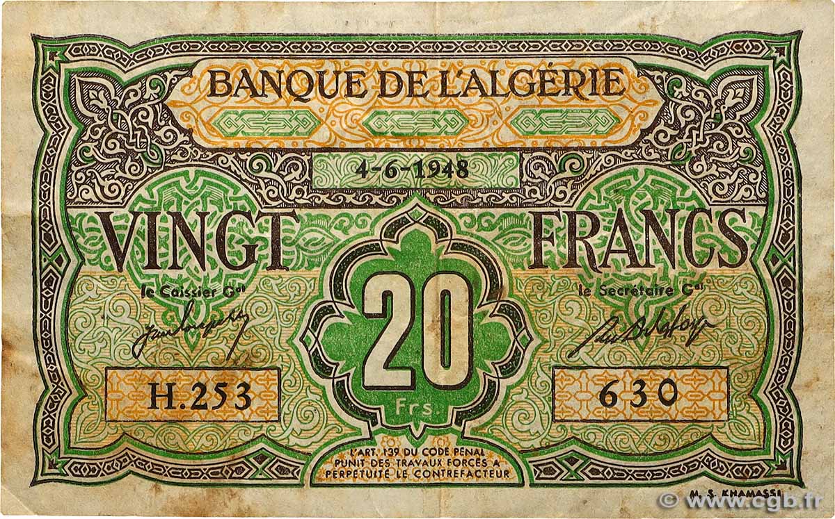 20 Francs ALGERIA  1948 P.103 F