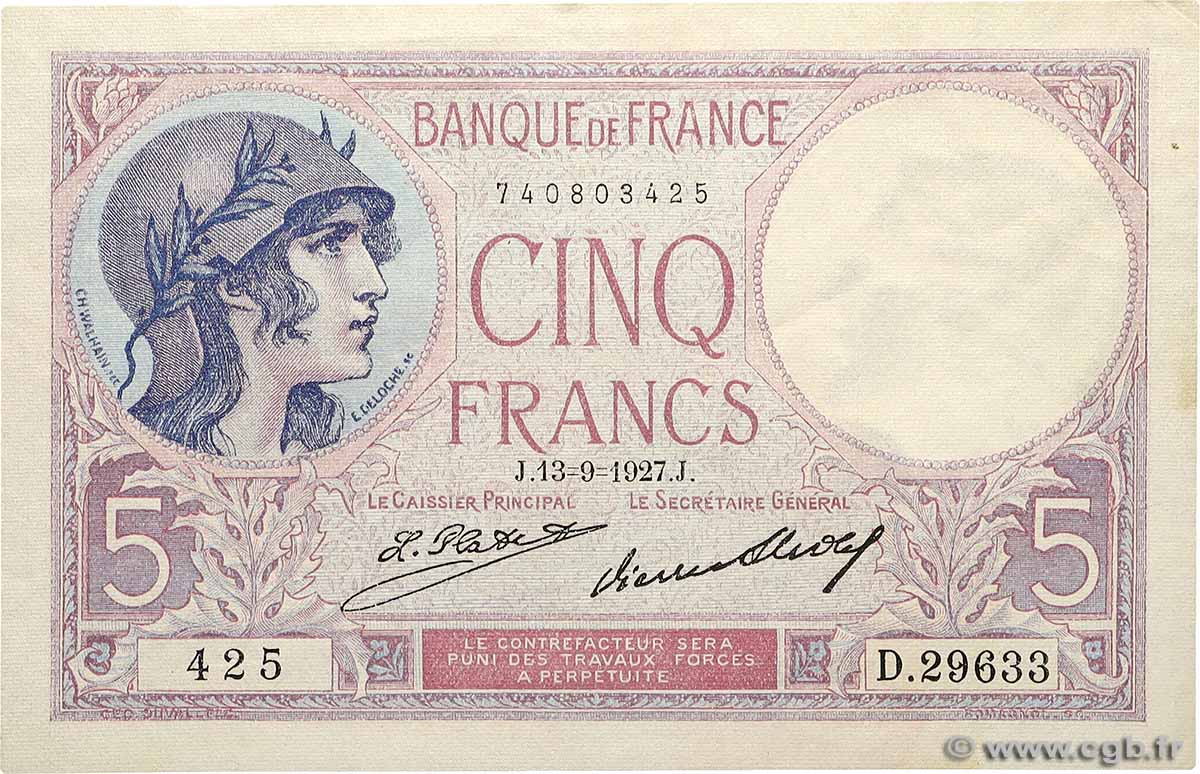5 Francs FEMME CASQUÉE FRANCE  1927 F.03.11 TTB+