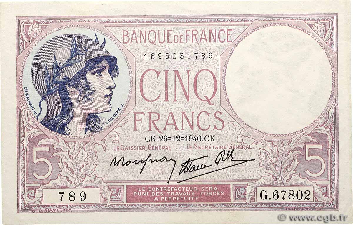 5 Francs FEMME CASQUÉE modifié FRANCE  1940 F.04.18 SUP+