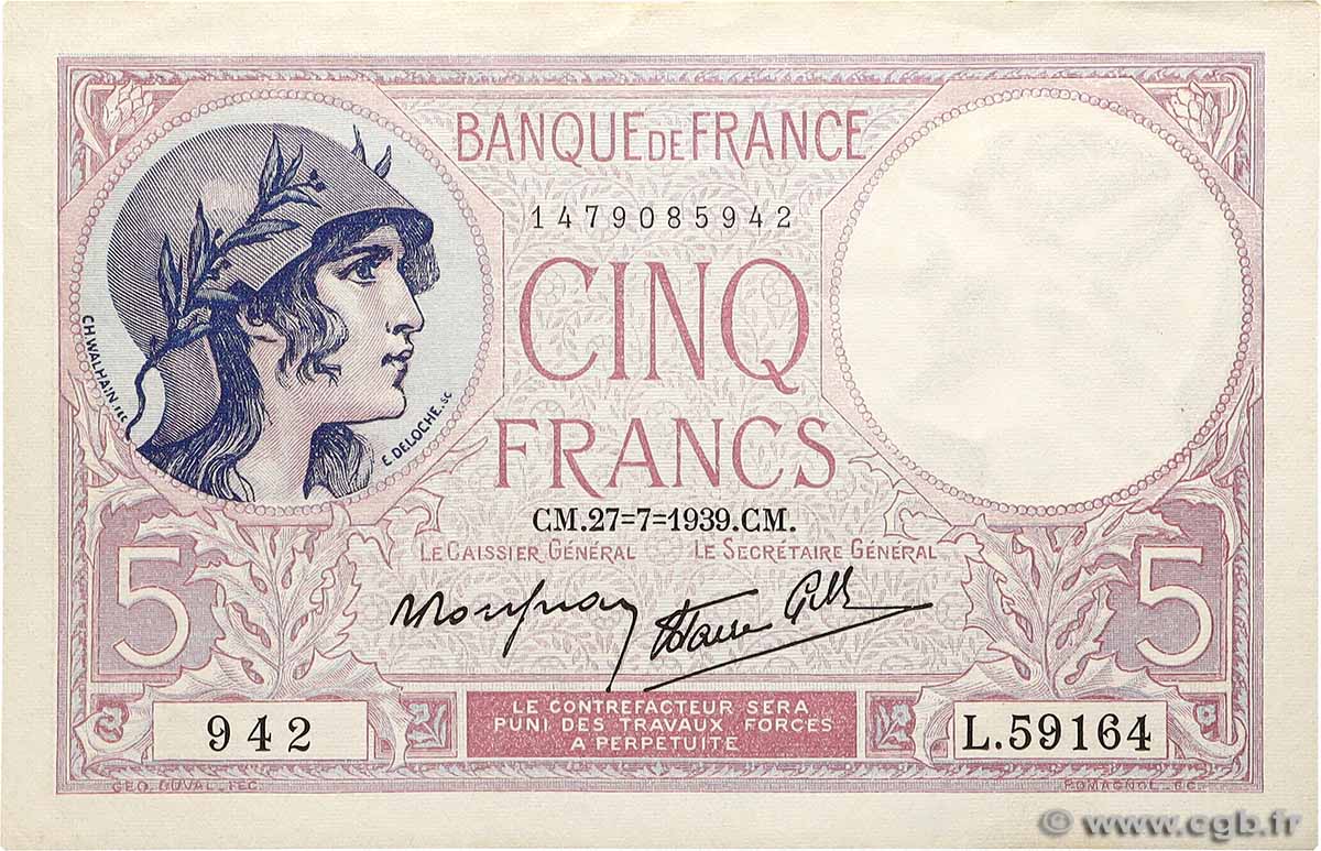 5 Francs FEMME CASQUÉE modifié FRANCE  1939 F.04.03 AU