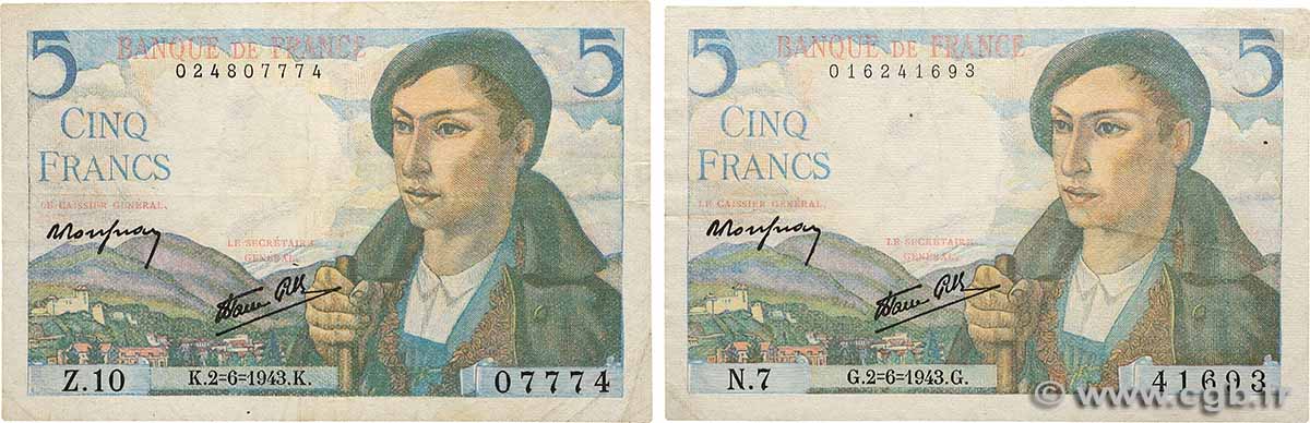 5 Francs BERGER Lot FRANCE  1943 F.05.01 F