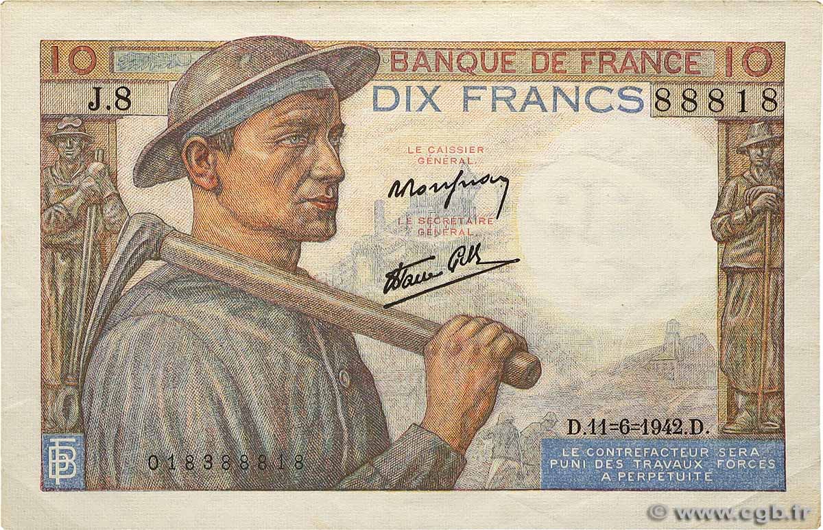 10 Francs MINEUR FRANCE  1942 F.08.03 VF+