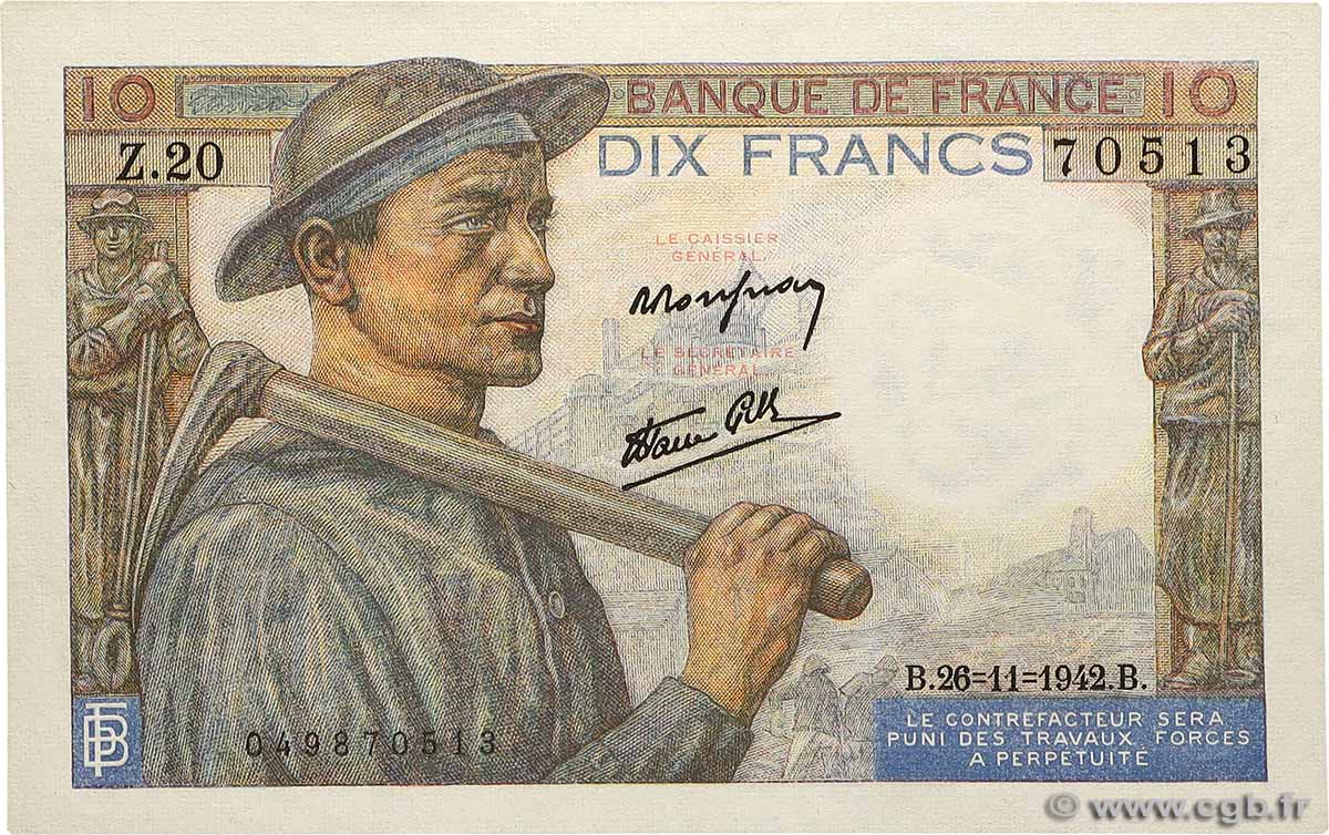 10 Francs MINEUR FRANCE  1942 F.08.06 XF