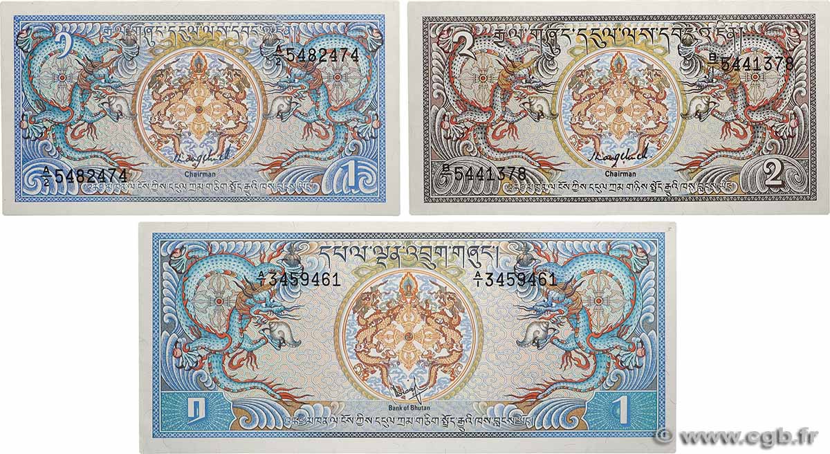 1, 2 et 10 Ngultrum Lot BHOUTAN  1981 P.05, P.12a et P.13 pr.NEUF