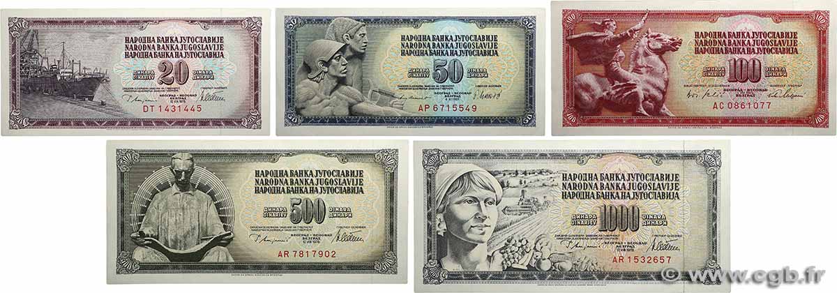20, 50, 100, 500 et 1000 Dinara Lot JUGOSLAWIEN  1965 P.088a, P.089b, P.080c, P.091a et P.092b fST+