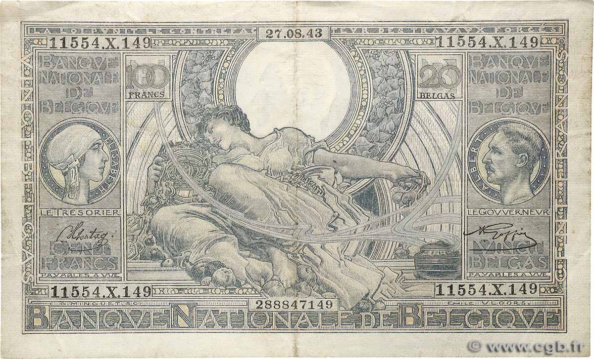 100 Francs - 20 Belgas BELGIQUE  1943 P.107 TTB