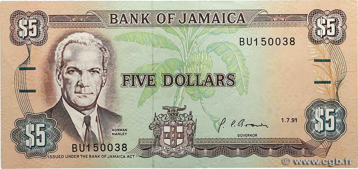 5 Dollars JAMAICA  1991 P.70d UNC-