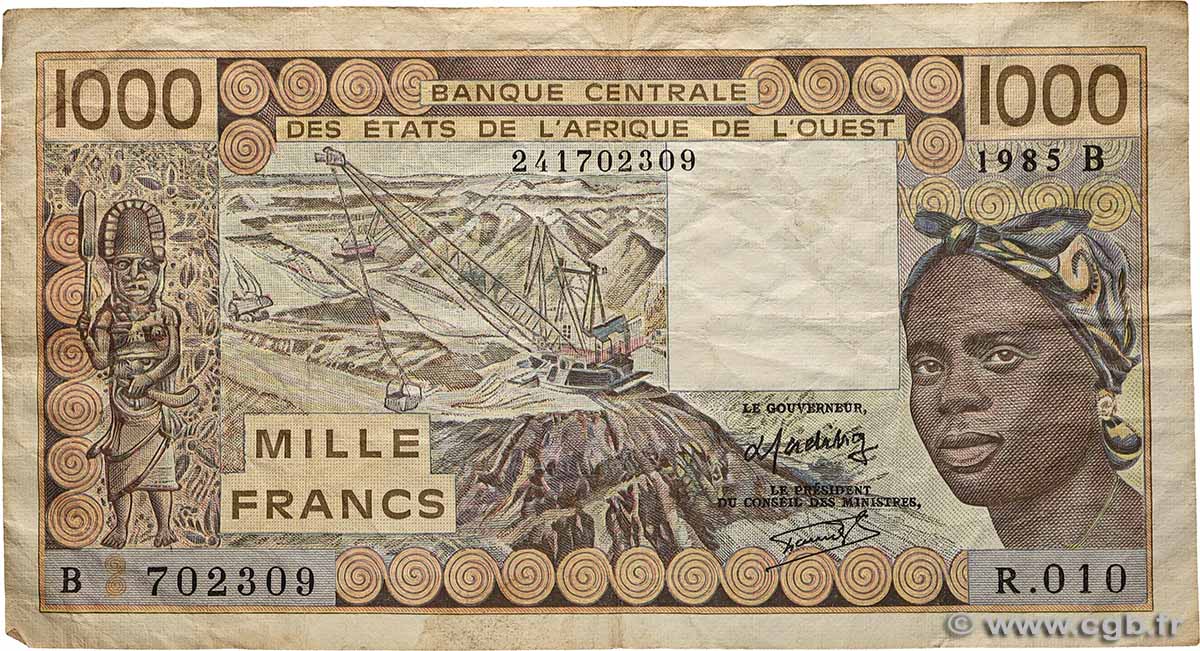 1000 Francs ÉTATS DE L&nbsp;AFRIQUE DE L&nbsp;OUEST  1985 P.207Be TB