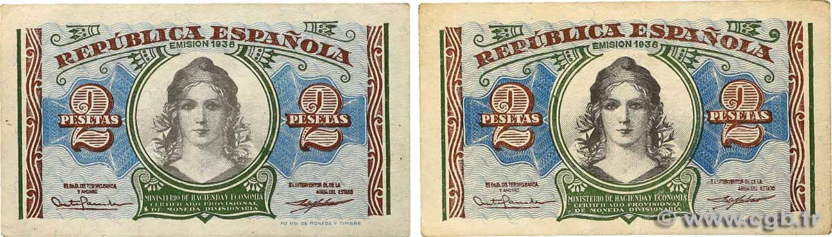2 Pesetas Lot SPAIN  1938 P.095 XF