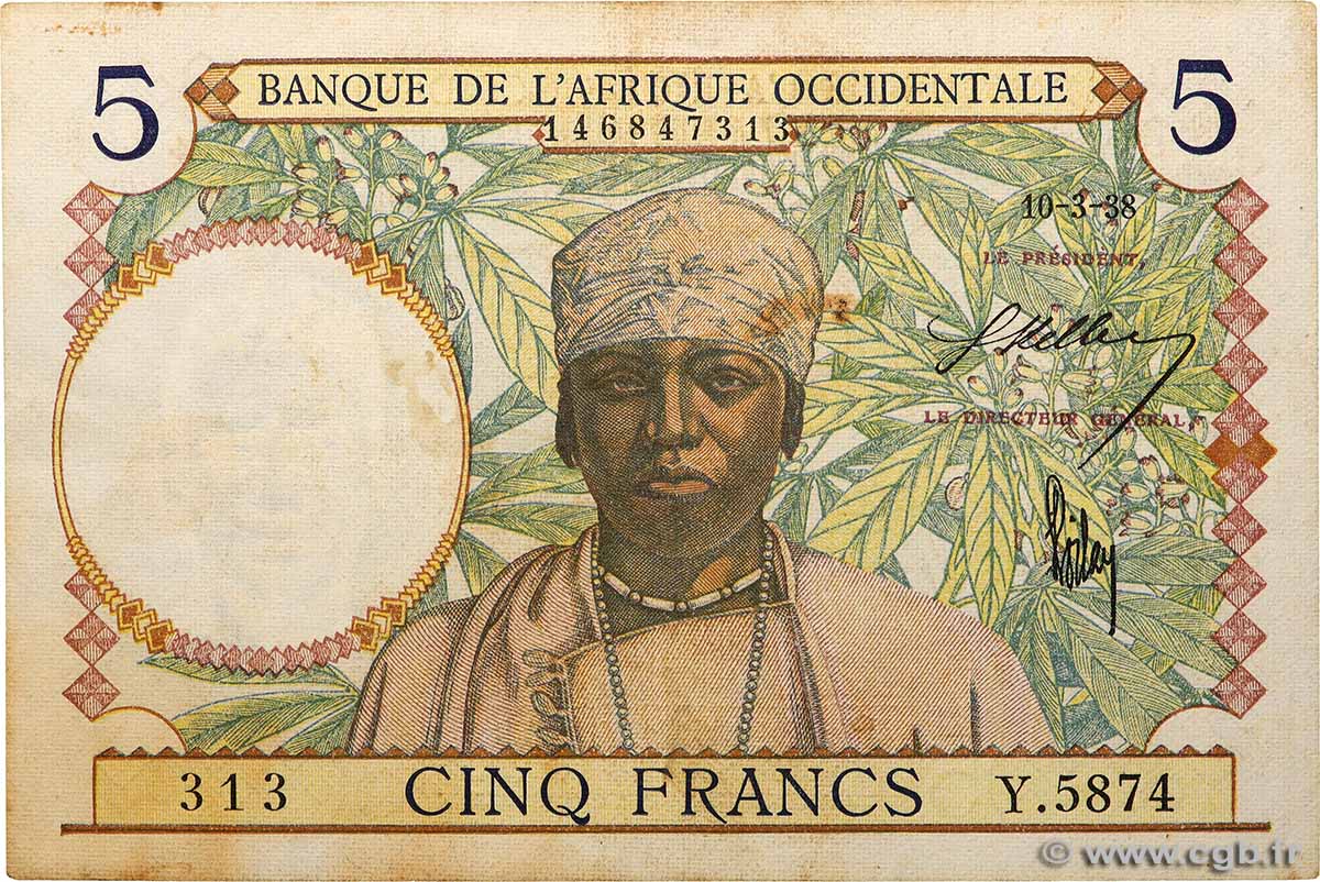 5 Francs AFRIQUE OCCIDENTALE FRANÇAISE (1895-1958)  1938 P.21 TB+