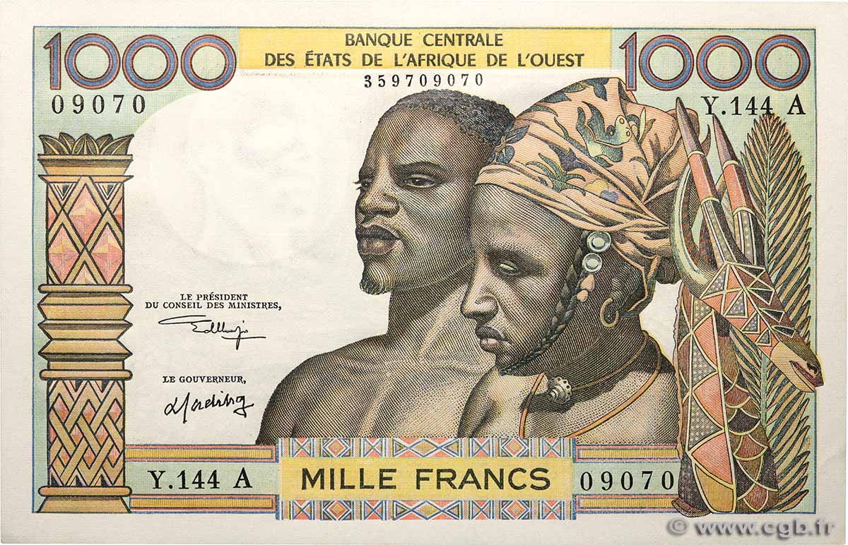 1000 Francs ÉTATS DE L&nbsp;AFRIQUE DE L&nbsp;OUEST  1966 P.103Ak pr.NEUF