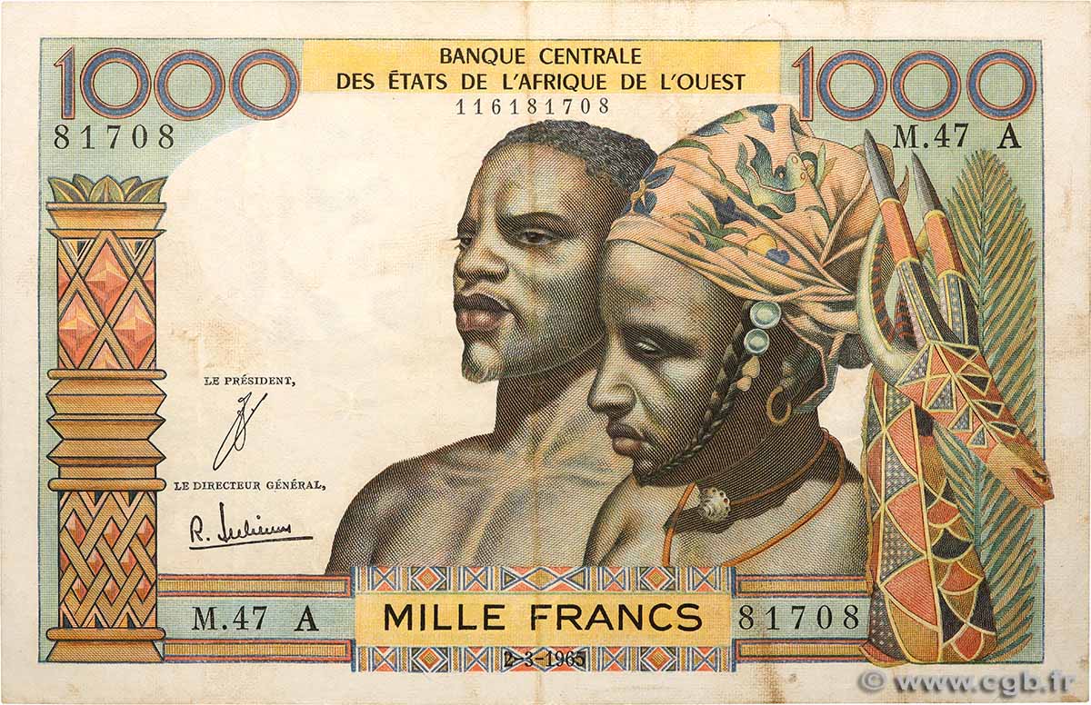 1000 Francs ÉTATS DE L&nbsp;AFRIQUE DE L&nbsp;OUEST  1965 P.103Ad TTB