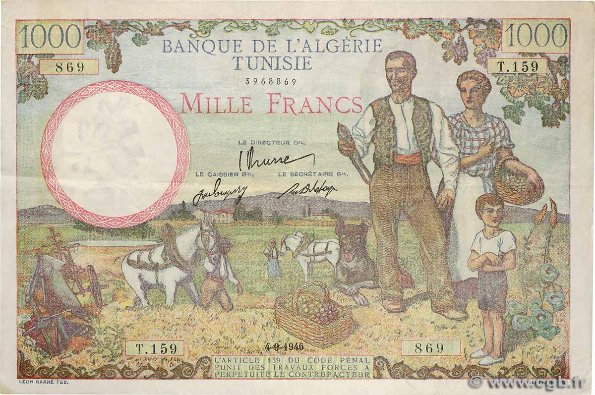 1000 Francs TUNISIE  1946 P.26 TB+