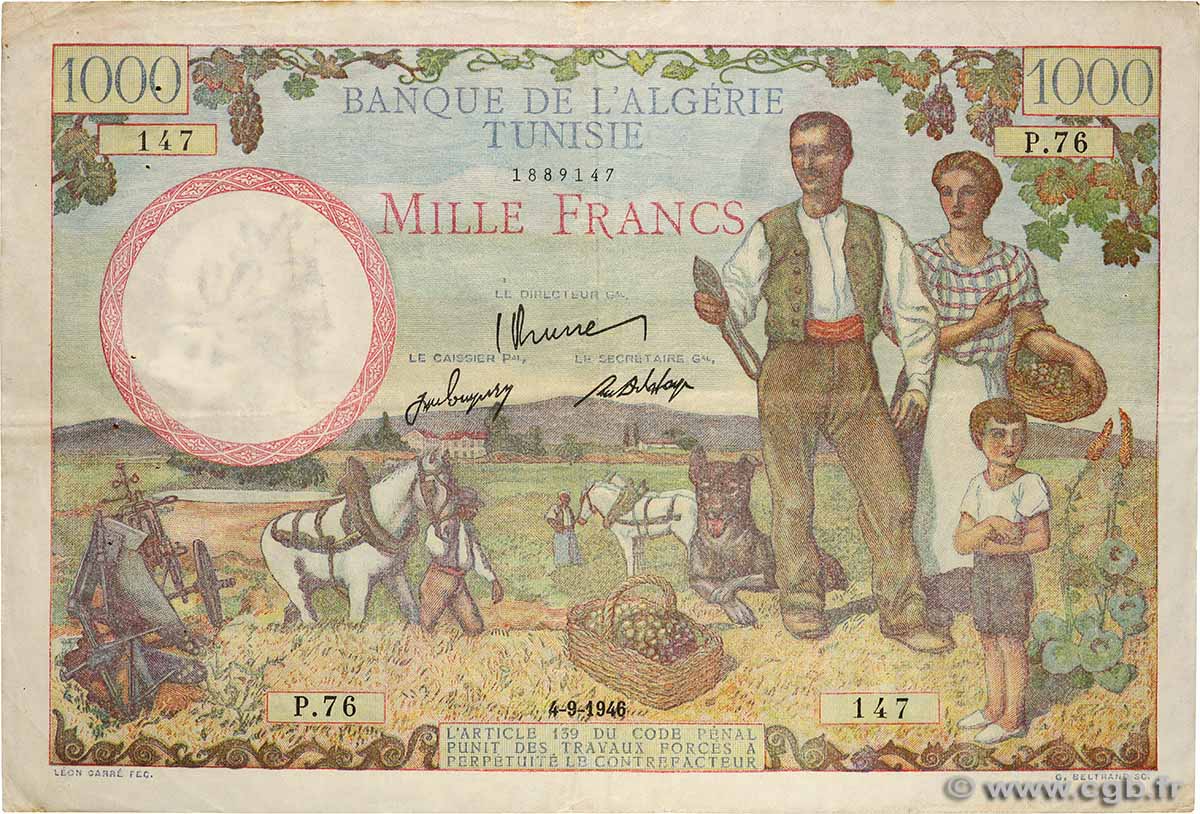 1000 Francs TUNISIE  1946 P.26 TB+