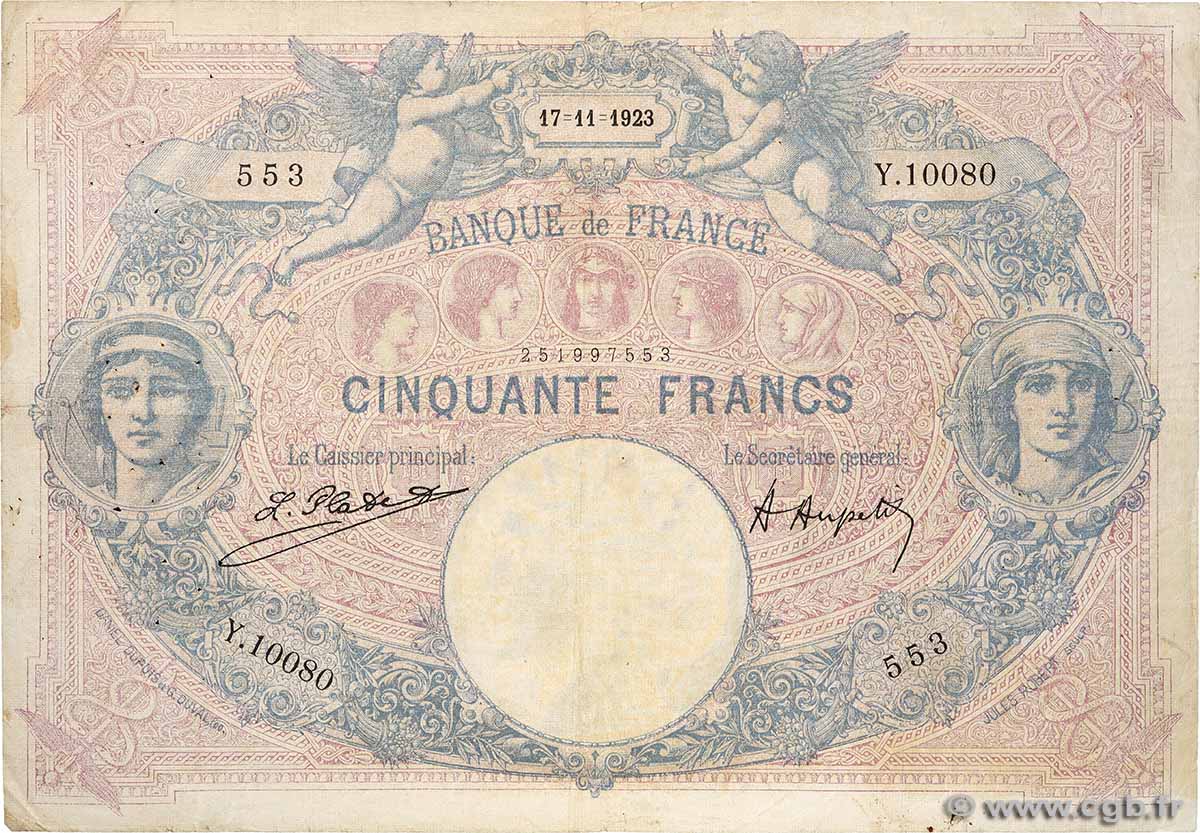 50 Francs BLEU ET ROSE FRANCE  1923 F.14.36 B+