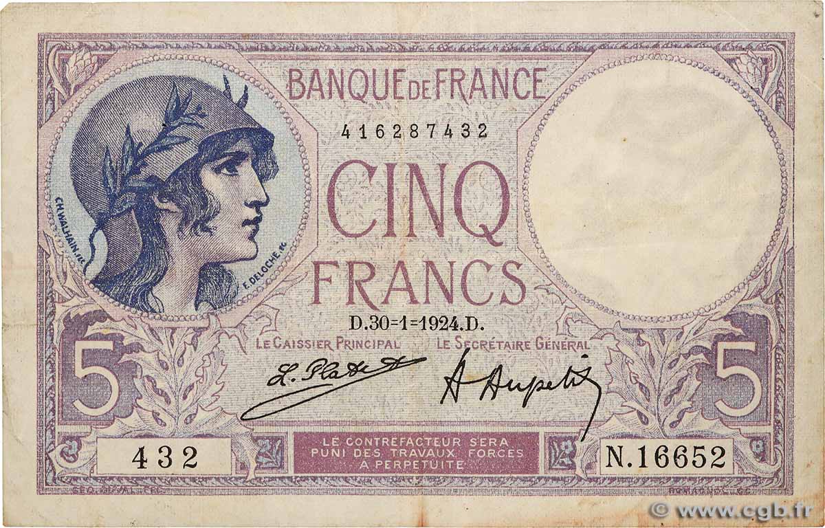 5 Francs FEMME CASQUÉE FRANCE  1924 F.03.08 TB+