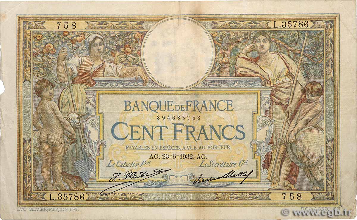 100 Francs LUC OLIVIER MERSON grands cartouches FRANCE  1932 F.24.11 TB
